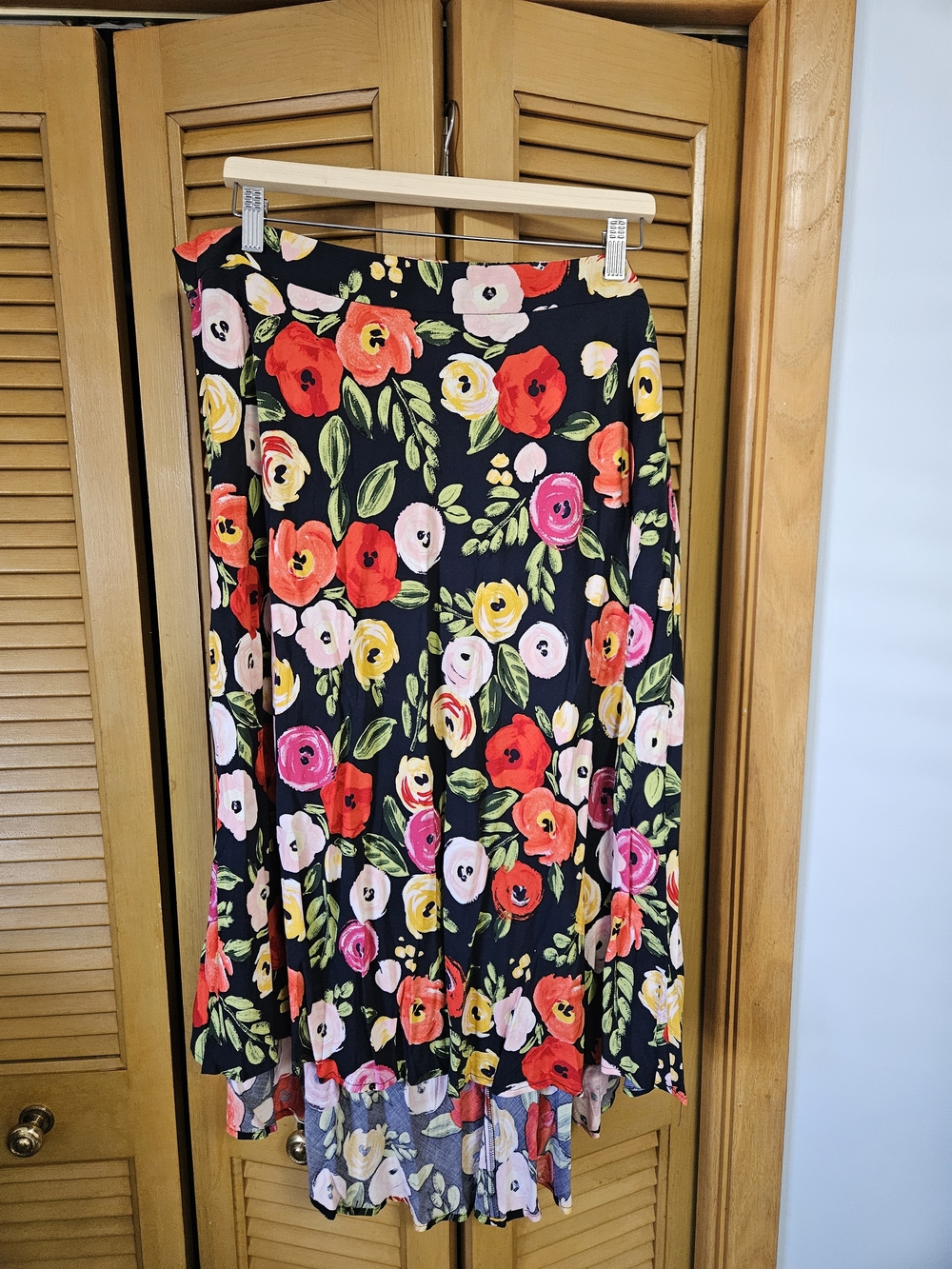 Lane Bryant Navy High-Low Skirt with Bright Floral Print